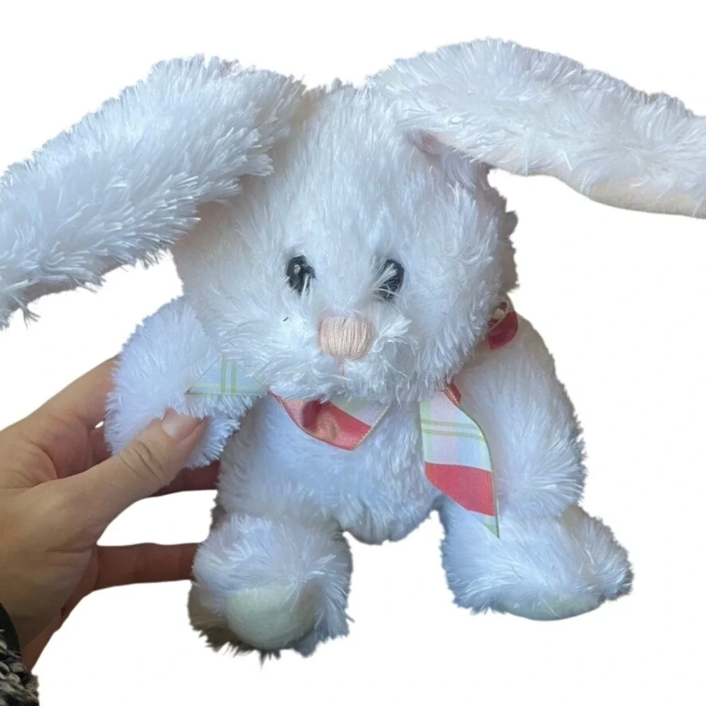 White Plush Bunny Rabbit Shaggy Soft Stuffed Animal Plaid Bow Easter Toy